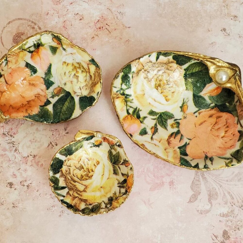 Shells Decoupage Floral Gold Leaf Trim Gift Art Trinket Dish set of 3